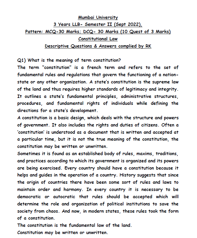 Constitution law DQ RK Notes