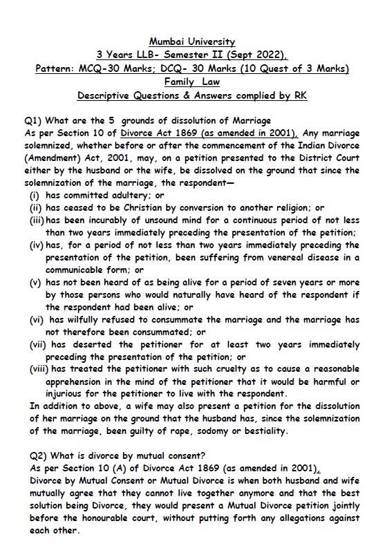 Family Law RK Notes DCQ 