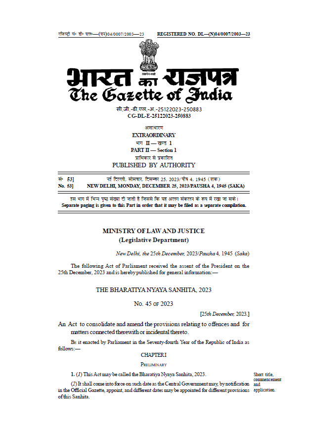 Gazette of THE BHARATIYA NYAYA SANHITA, 2023