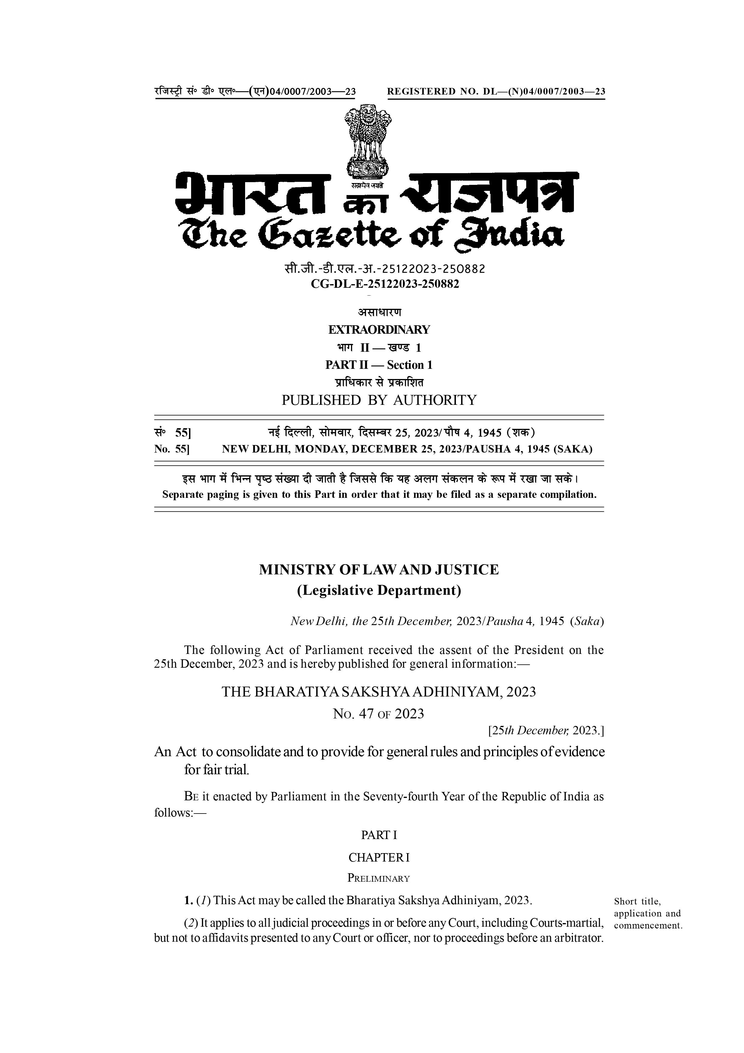 Gazette of The Bharatiya Sakshya Adhiniyam, 2023